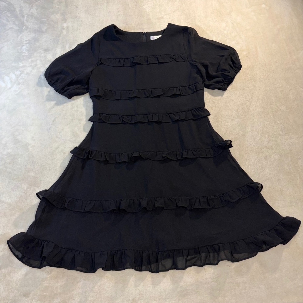 GB Girls Black Tiered Ruffle Dress Short Sleeve Size 14 GD8349GGS